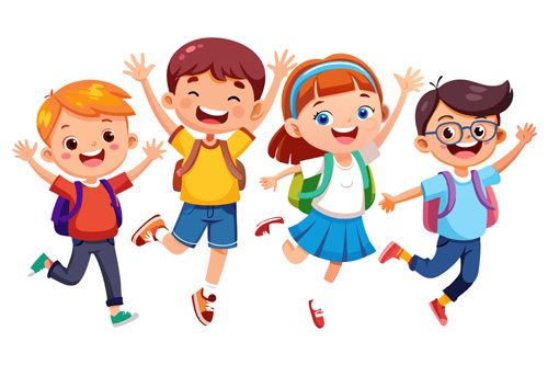 Four happy kids with backpacks jumping and smiling.